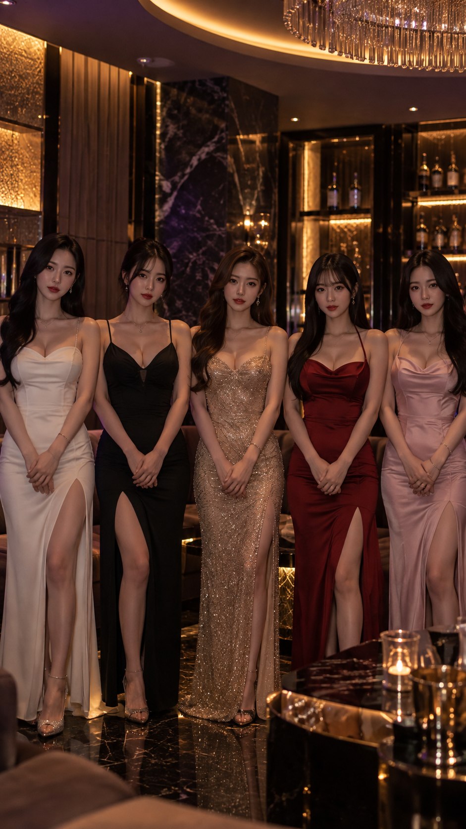 가락동노래방 라운지 이미지: 샹들리에 아래 드레스를 입은 성인 여성 다섯 명